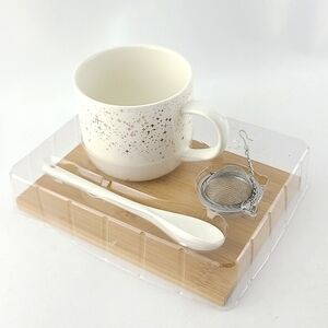 Frankie Grey 4 Pc Tea Gold Stars Set Stoneware Mug Infuser Spoon Tray